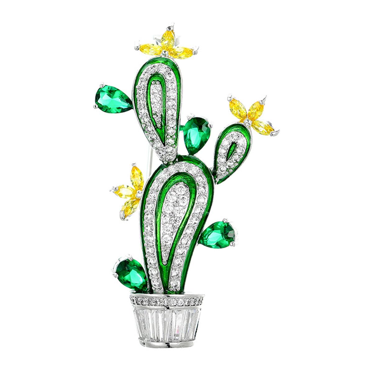 Yahoya Women's Silver Color Cactus Shape Plant Flower Brooches For Men Cubic Zircon Wedding Party Jewelry Hijab Pins Clothes Suit Accessories