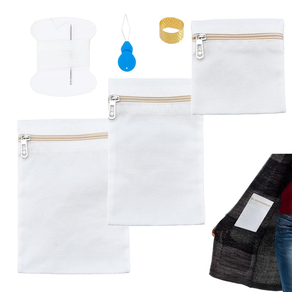 NBEADS 3 Styles Sew-in Side Pocket with Zipper, Zipper Coat Inside Pocket kit with Sewing Thimbles Threader DIY Sewing Tools Travel Security Pocket Hidden Wallet for Jacket Sweatshirt, White