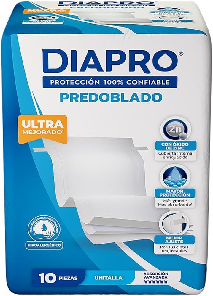 Diapro pañal predoblado con gel para incontinencia, unitalla, protección 100% confiable, ultra mejorado, textura ultra suave, 10 piezas, para adulto mayor