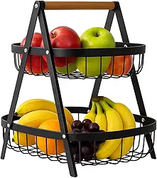 Fruteira de Mesa 2 Andares de Metal com Alça de Bambu – Cesta Organizadora de Frutas Decorativa para Cozinha e Sala