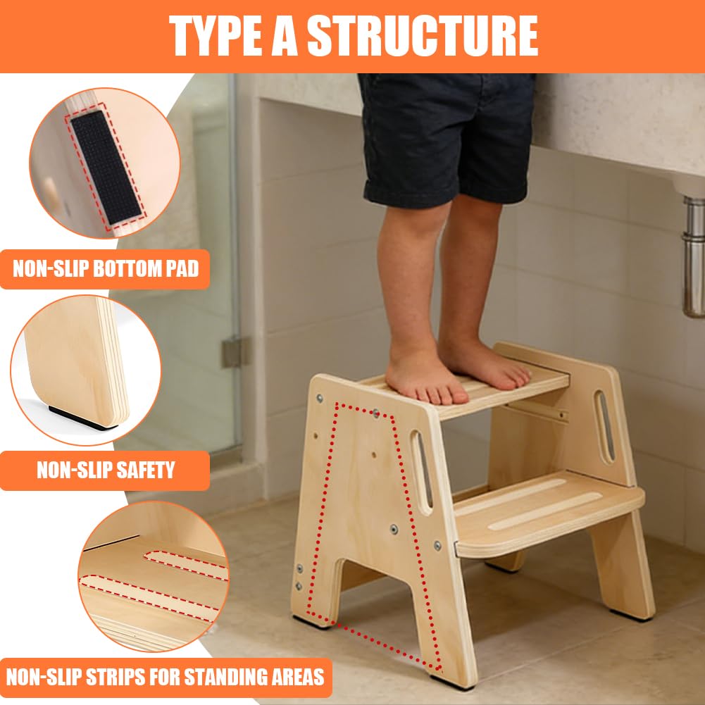 Marchepied en Bois pour Enfant - 2 marches - Antidérapant - avec poignée - Marchepied en Bois Stable pour Salle de Bain, lavabo, Cuisine, Chambre d'enfant - en Bois Massif - Charge maximale : 130 kg