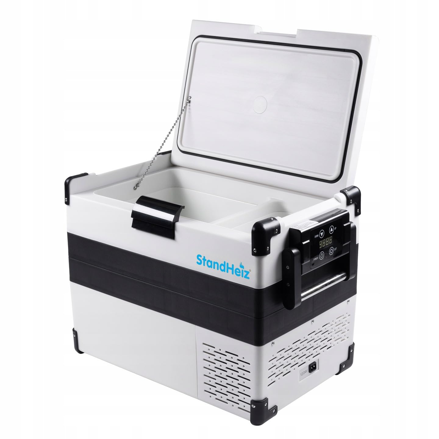 Tragbare Kühlbox Weiß Kompressor 42L Beste Lösung für Wohnmobile und Autos, ideal für Camping, mit Gefrierfunktion bis -20°C, betrieben mit 12V, 24V und 230V, leise und energiesparend.