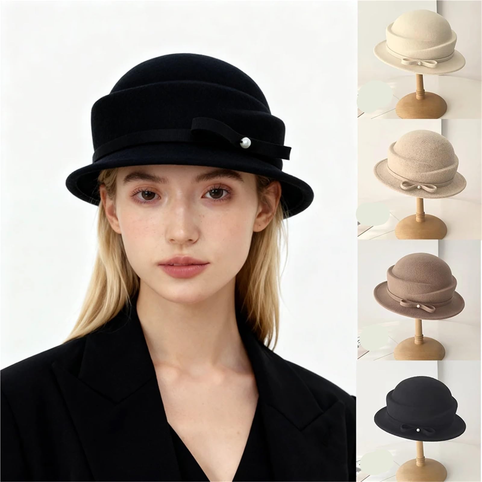 Cappello da donna in feltro di perle retrò autunno e inverno