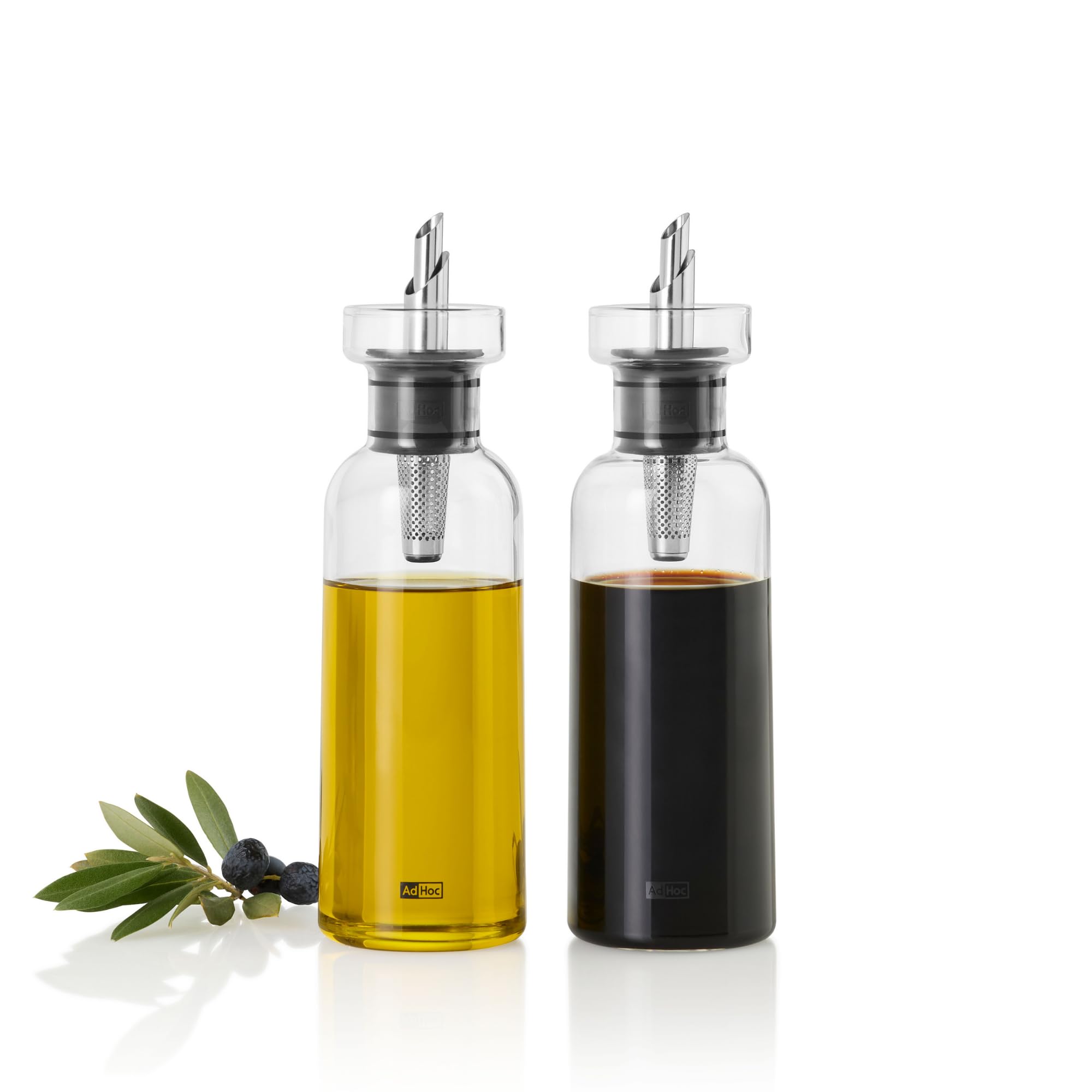 AdHoc AromaPour, set dispenser per olio e aceto, in vetro borosilicato trasparente con acciaio inossidabile, beccuccio filtrato, antigoccia, ermetico, 300 ml