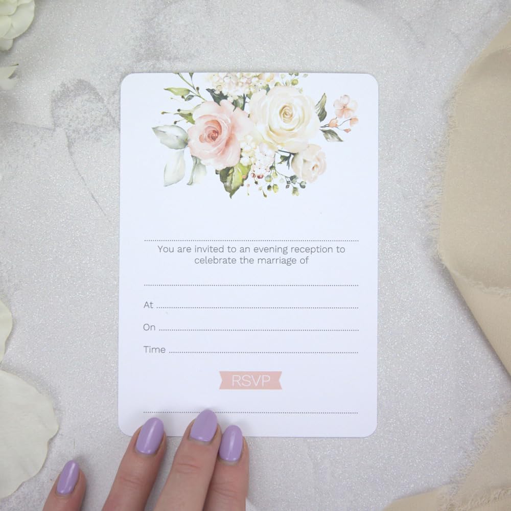 Dotty about Paper Pink Country Roses - Evening Invitations - Pack of 10. Contemporary, Pink, Modern, Greenery, Floral. Perfect for Friends and Family, Envelopes Included. (3034)