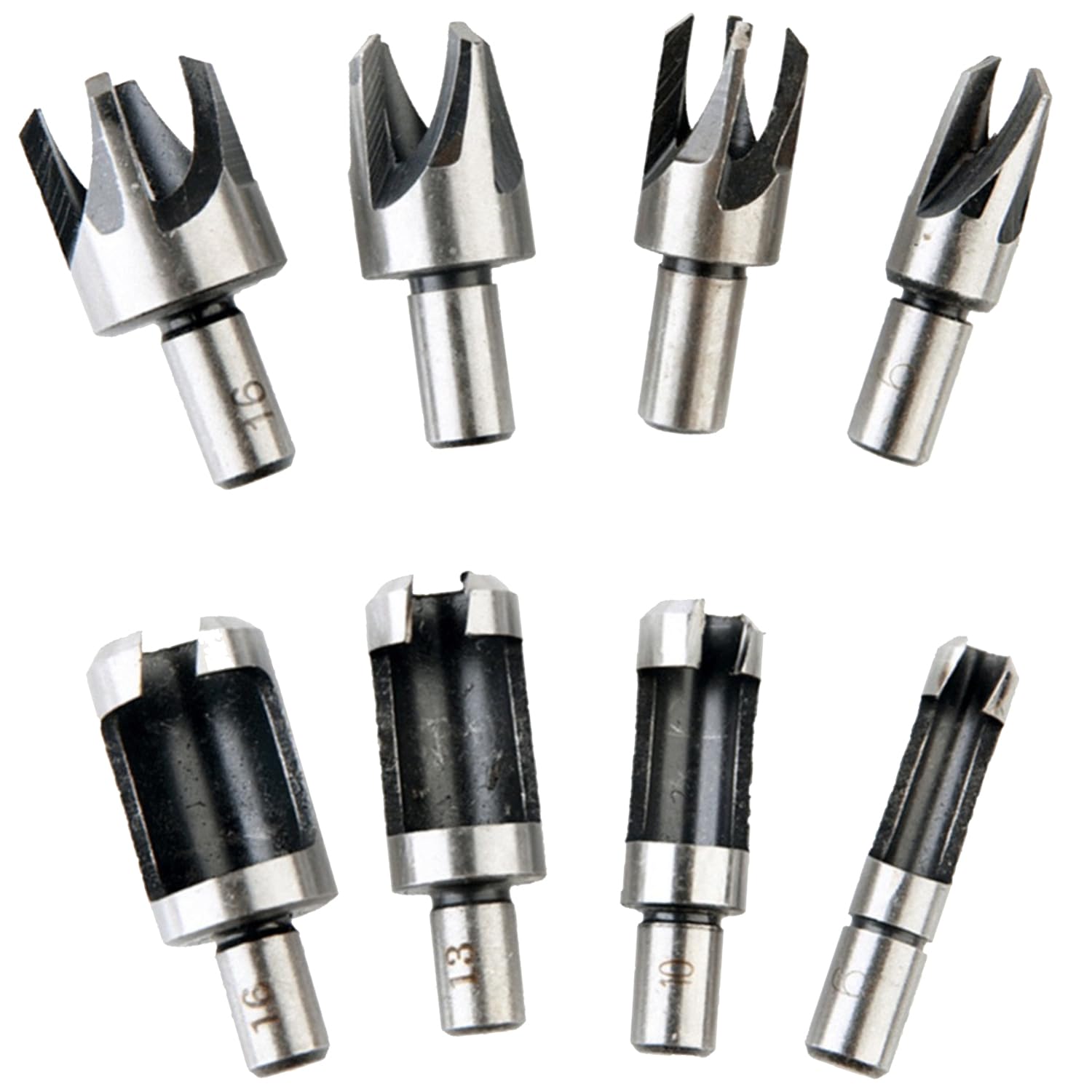 8-Piece Wood Plug Cutter Set with Round Shank, Carbon Steel Construction for Precision Woodworking and Dowel Hole Creation