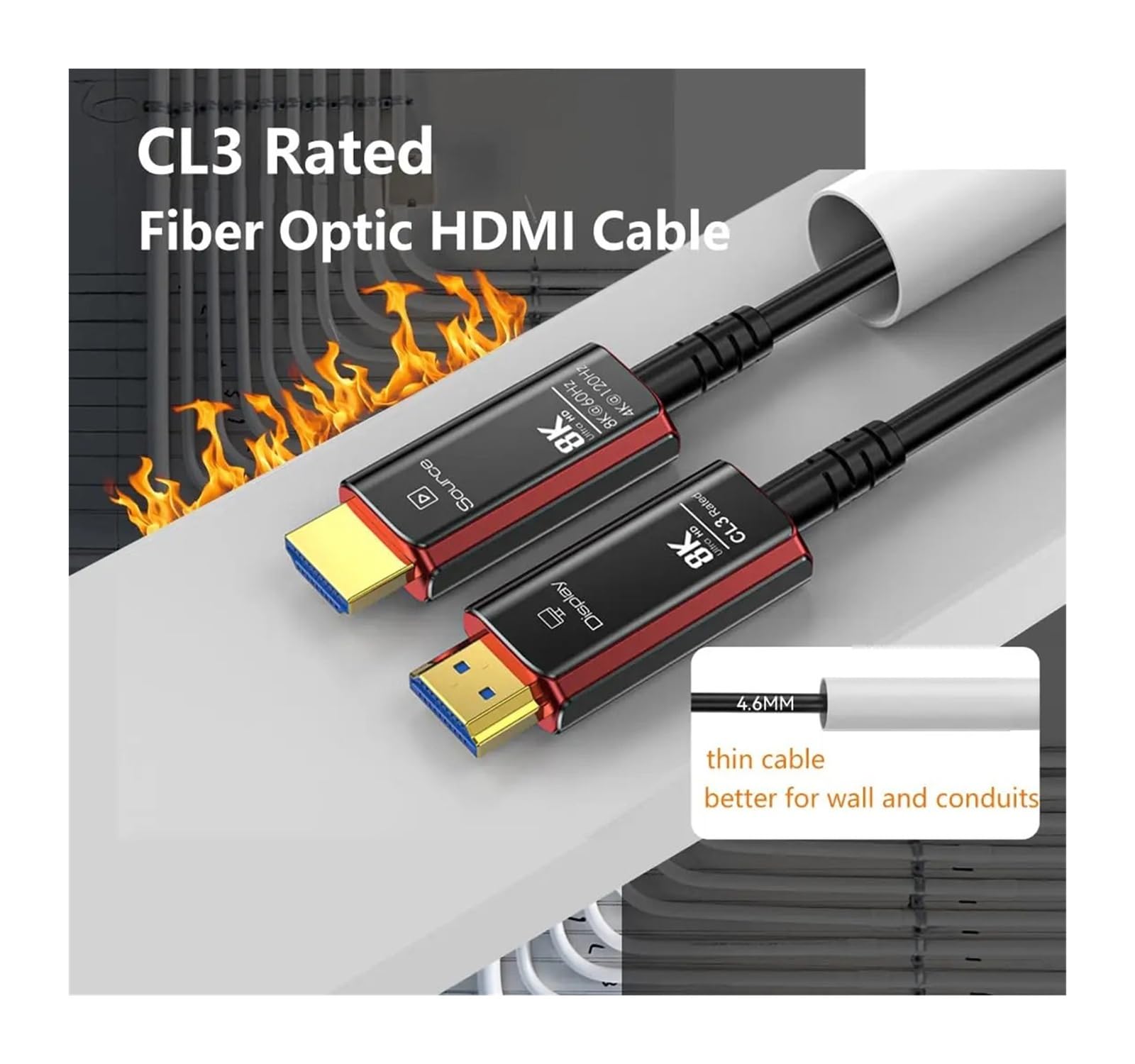 Cable HDMI 2.1 De Fibra Óptica 8K@60Hz 4K@120Hz/144Hz, Ancho De Banda Clasificado CL3 De 48 Gbps, EARC HDCP 2.2 2.3, Compatible Con TV, Proyector, Consolas De Juegos(30m)