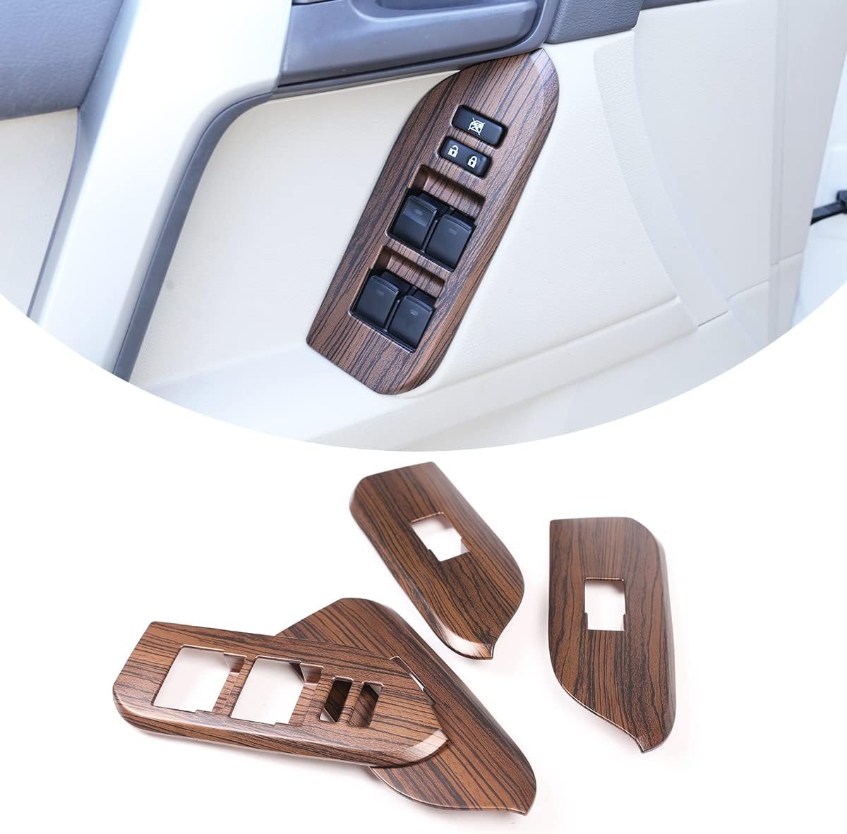 Front and Rear Doors ABS 4pcs Look Interior Door Armrest Window Switch Panel Cover Accessories Trim for Land Cruiser Prado FJ150 150 2014 2015 2016 2017 2018 2019 (Pine Wood Grain, 7 Holes)
