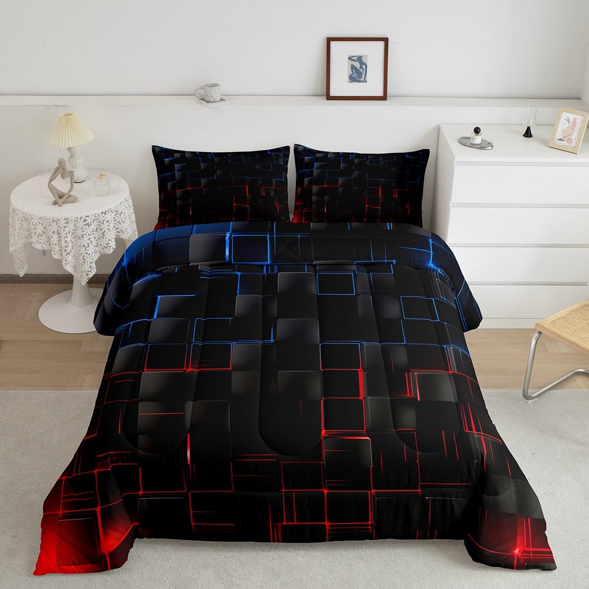 Manfei Blue Red Checkered Comforter Set King Size, Geometric Grid Plaid Bedding Quilt Set, Women Men Bedroom Decor, Modern Abstract Check Black Square