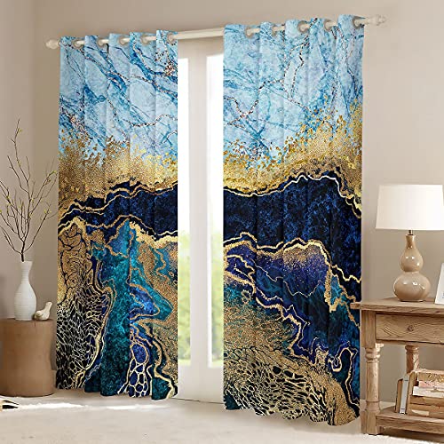 Marble Print Kids Boys Women Blue And Gold Window Curtains For Bedroom Living Room Teens Golden Gothic Windows Drapes Abstract Art Curtains Geometric Girly Room Decoration,38 X 45 Inch,2 Panels #TOP2