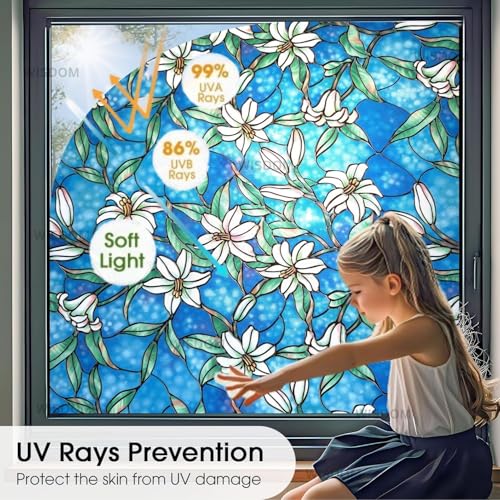 Image of WISDOM Premium Frosted Glass Window Film Self Adhesive Decorative Glass Window Privacy Sheet Film UV Control Removable Vinyl Privacy Film (Blue Lilly Orchid Flower, 12x36 Inch)
