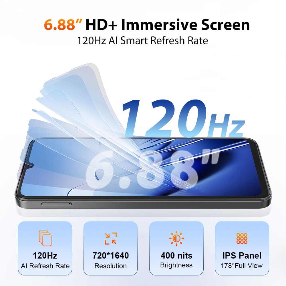 Blackview Wave 10 Android 16 Smartphone Libre, 32GB+128GB/2TB Teléfono Móvil AI, 6.88" HD+ 120Hz, 32MP+13 AI Cámara, 5000mAh, Octa-Core, 4G LTE/Dual SIM/WiFi 5/ GPS/OTG/FM/Funda móvil, Naranja