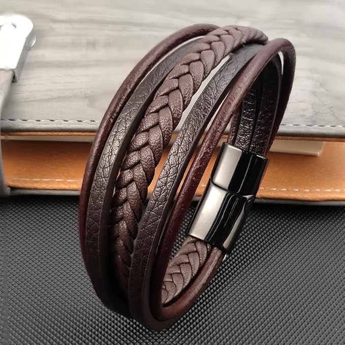 Men Leather Bracelet Multi-Layer Braided Genuine Leather with Stainless Steel Clasp, Brown Braided Leather Bracelet for Men, Mens Leather Wristband3
