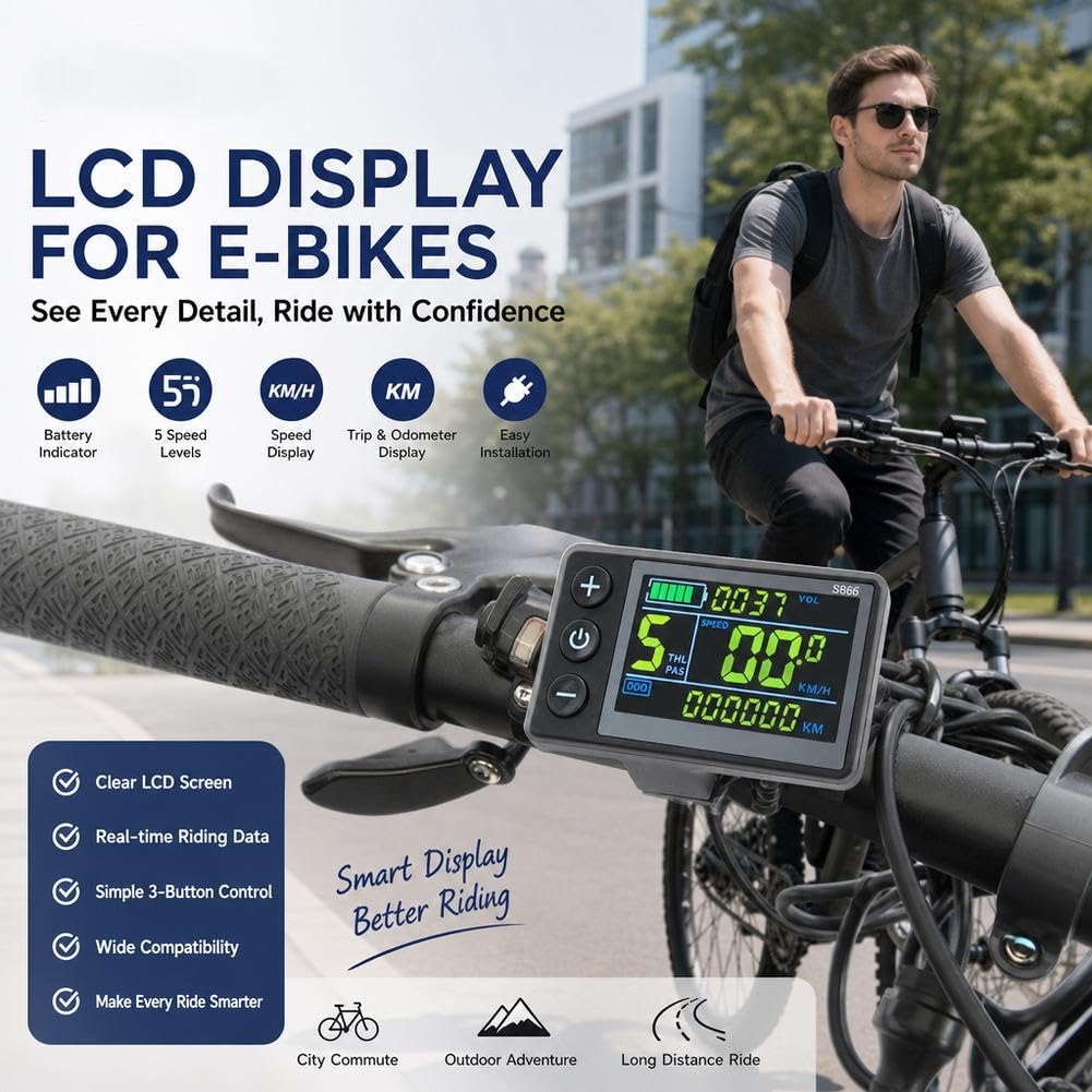 S866, contachilometri per bicicletta elettrica con display LCD, 24 V, 36 V, 48 V, pannello di controllo con display LCD, senza fili, con cavo di interfaccia a 5 pin, per modifica di bici elettriche e