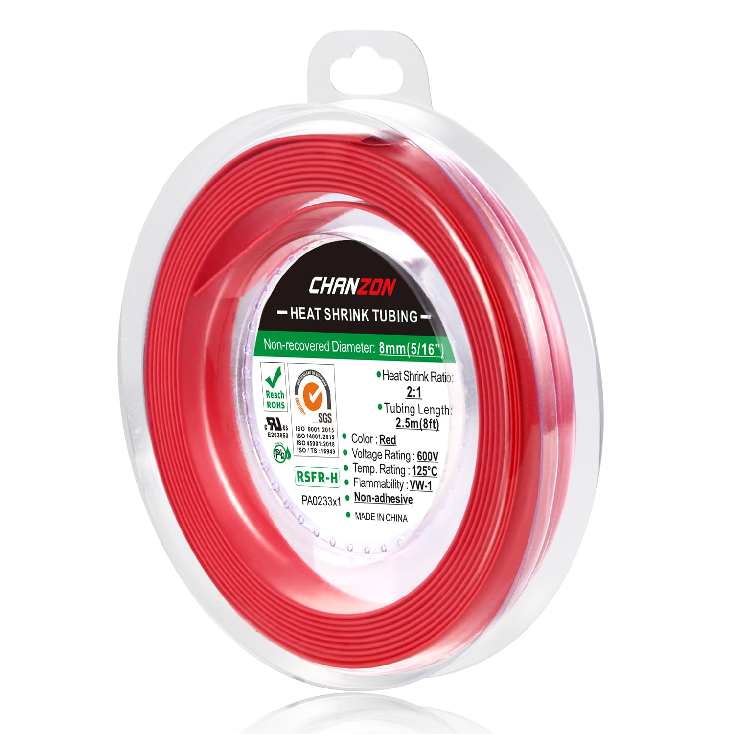 Chanzon 2:1 Ratio 5/16" (8mm) Heat Shrink Tubing 8Ft Roll (2.5M Total Length) Red Polyolefin Sleeving Wrap Shrinking 2 to 1 1pcs