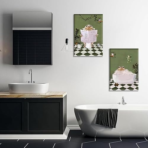 Miniatura 2 de 2 piezas de arte de pared de rana de baño, creatividad, estética, maximalista, verde, pósteres de imágenes de rana en la bañera, pintura en lienzo,