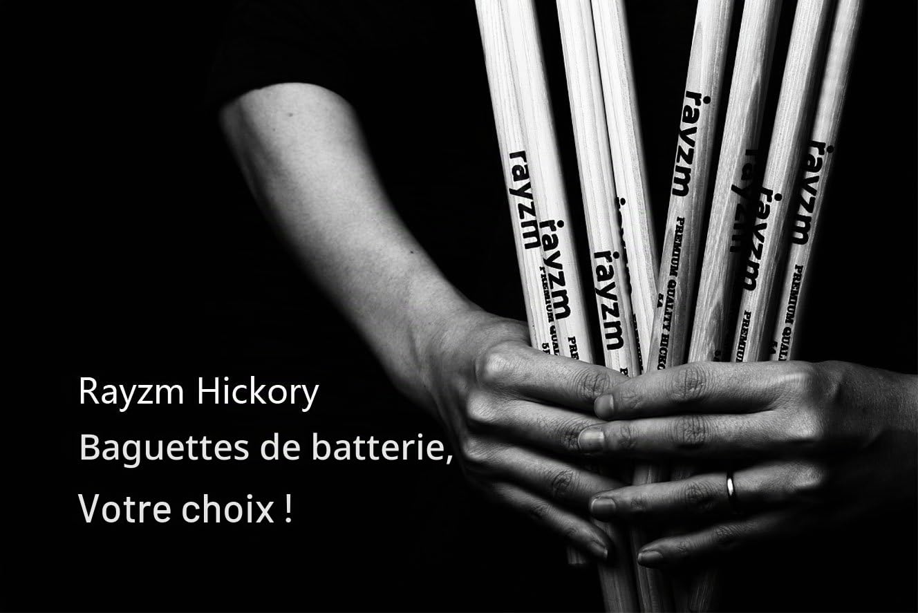 rayzm Baguettes de Batterie (Drum Sticks) 7A, Solides Baguettes Américaines en Essence de Bois Hickory/Baguettes de Batteurs, Embouts en Bois