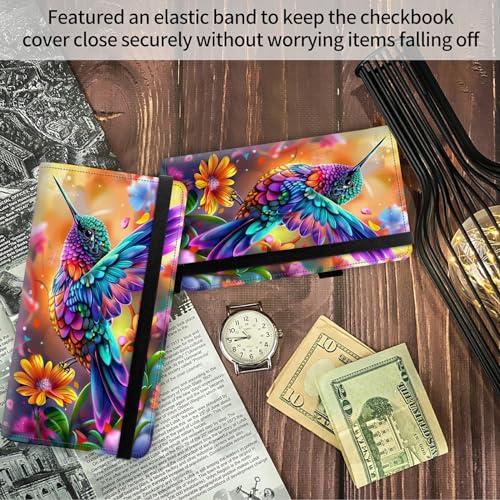 Image of Leather Checkbook Covers for Men Women Check book Holder Cover Wallets for Personal Checkbook Duplicate Checks with RFID Blocking & Elastic Strap-Colorful Hummingbird with Flower