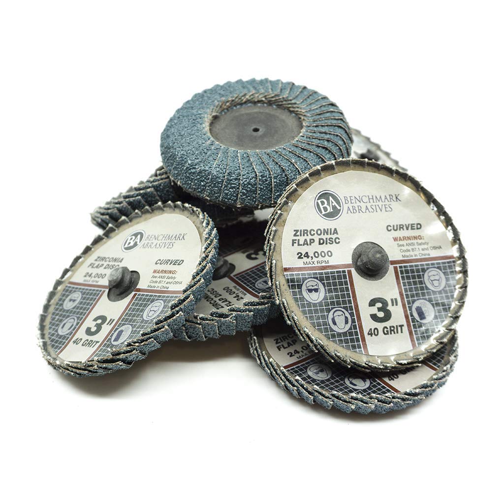 Benchmark Abrasives 3" Quick Change Zirconia Flap Disc Curved Grinding Wheel w/Male R-Type Back Design - Cleaning Finishing Deburring of Irregular Surfaces - for Die Grinder & More (10 Pack) 40 Grit