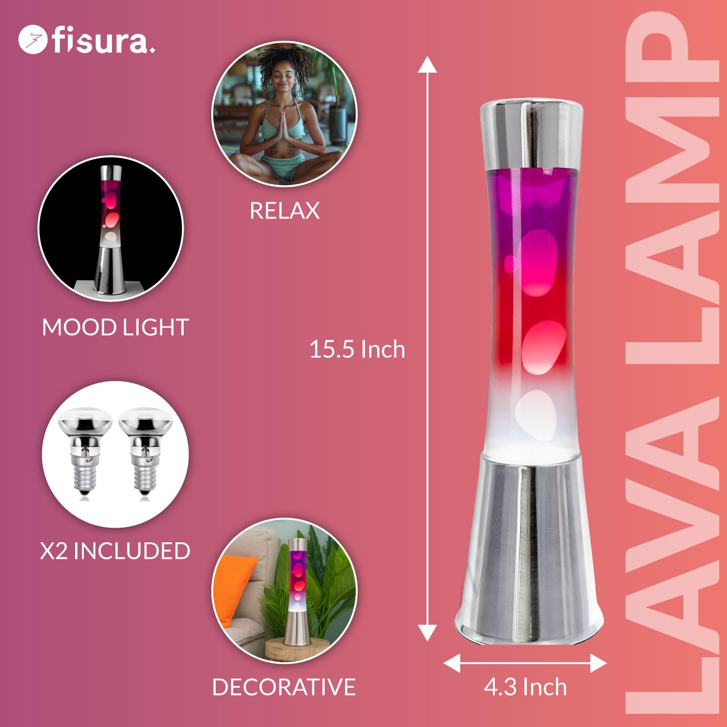 Fisura – Lampa z lawą „gradient czerwony”. Podstawa chromowana, butelka z efektem przejścia od fioletowego do białego. Lampa relaksacyjna z zapasową żarówką. 11 cm x 11 cm x 39,5 cm.