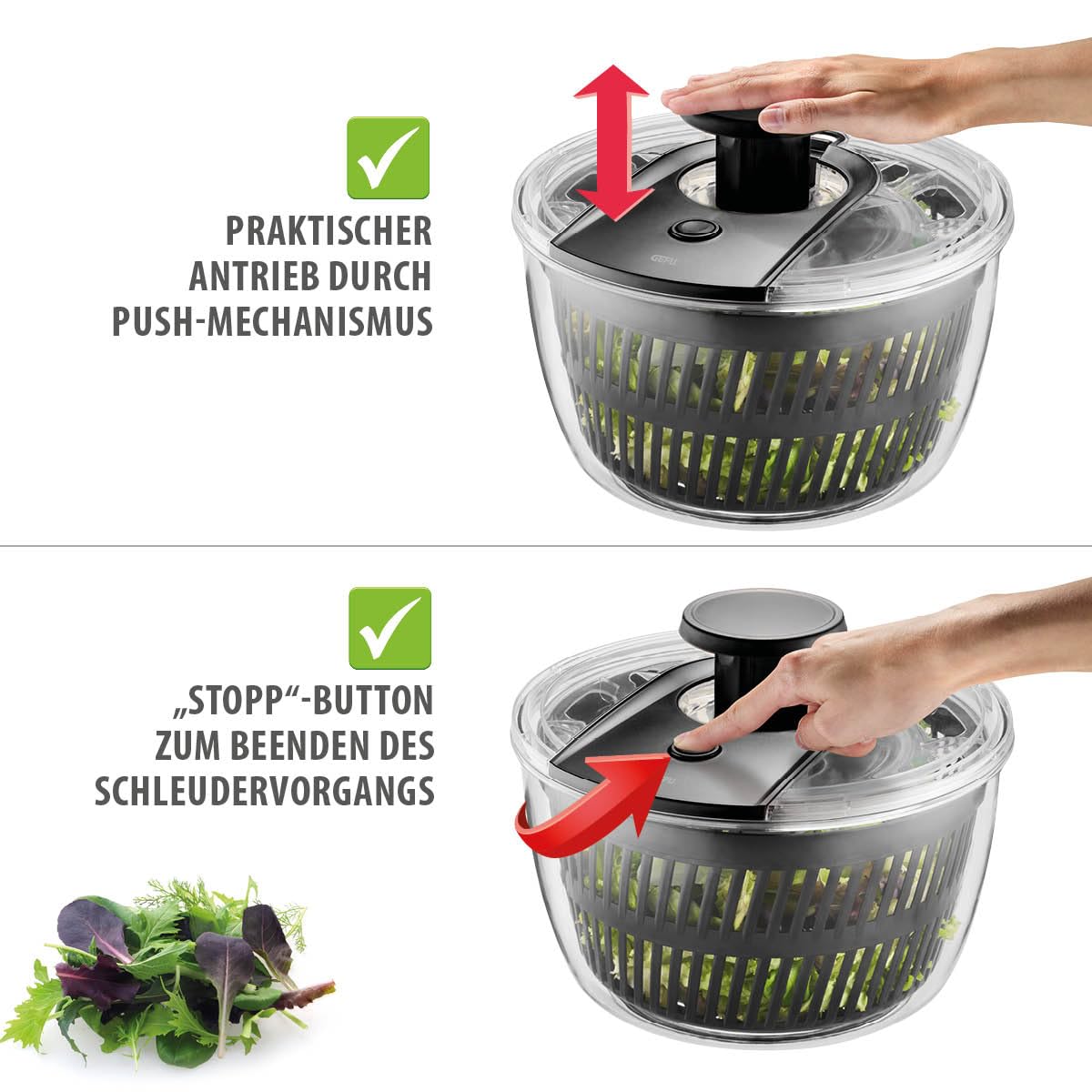 GEFU Salatschleuder mit Push-Mechanismus - 5 l Kapazität, integrierter Ausgießer & Stopp-Button, rutschfest & spülmaschinengeeignet