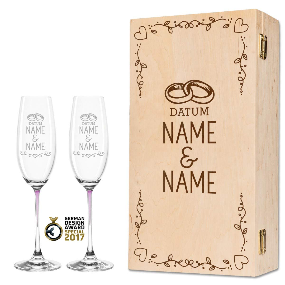 Leonardo - Set di calici da spumante La Perla, esclusivo design Wedding, regalo di nozze personalizzato per la coppia di sposi, colore: rosa