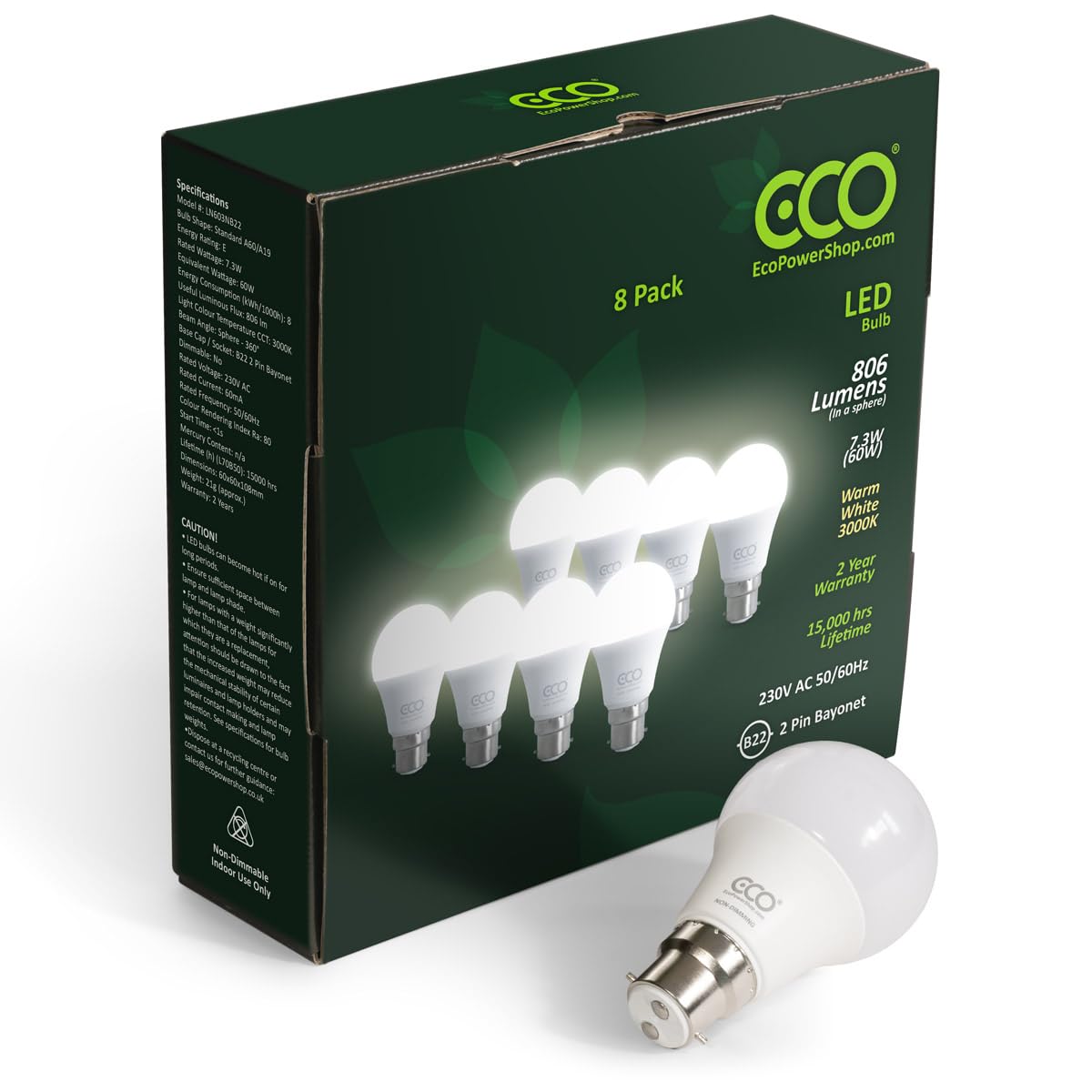 ECO 2 pin B22 Bayonet Light Bulbs, 60W Equivalent, Soft Warm White (3000K), Energy Saving 7.3W LED, 806 Lumens, 15,000Hrs Lifetime. Pack of x8 Bulbs.