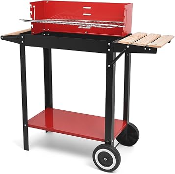 Charcoal Grill, Outdoor BBQ Portable Grill with Side Table and Wheel, Folding Grill for Outdoor Cooking Camping Garden Red