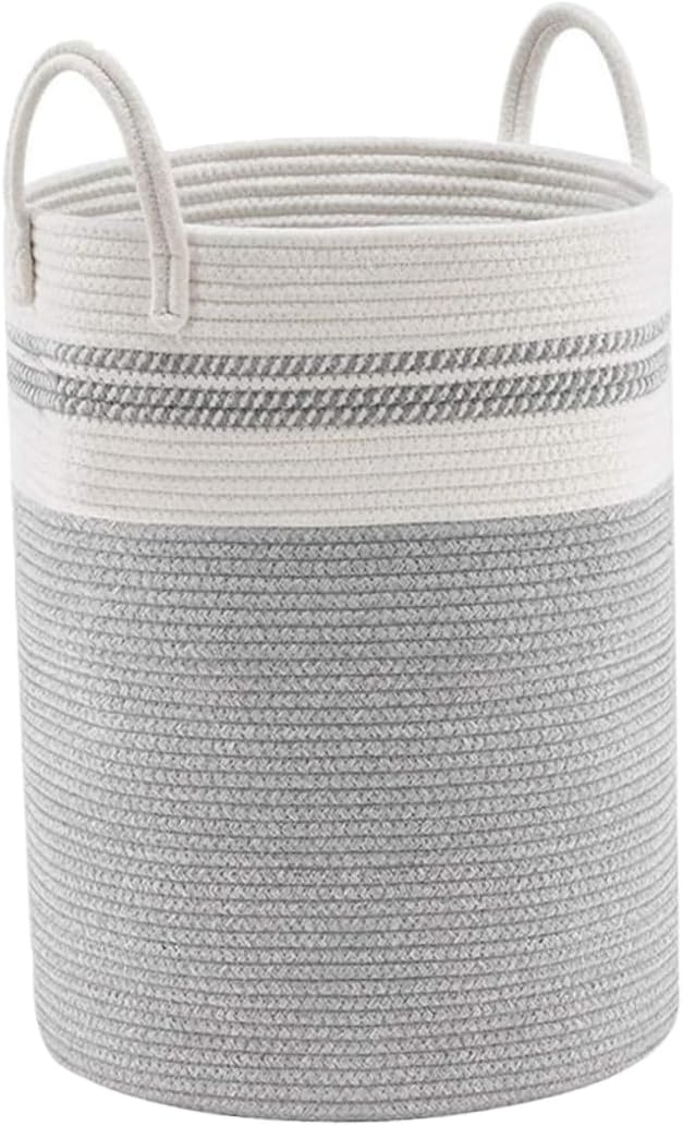 Woven Cotton Rope Laundry Basket White Gray 38x50cm Foldable Storage Hamper for Dirty Clothes Nursery and Home Organization