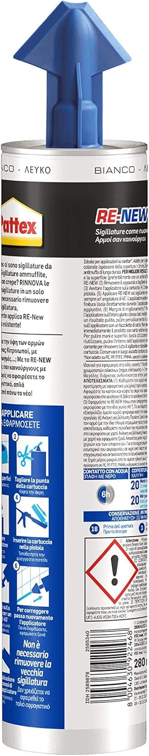 Pattex RE-NEW cartuccia silicone, silicone bianco per piastrelle e sanitari, rinnova sigillature facile da usare, impermeabile e con tripla azione antimuffa, 280ml cartuccia