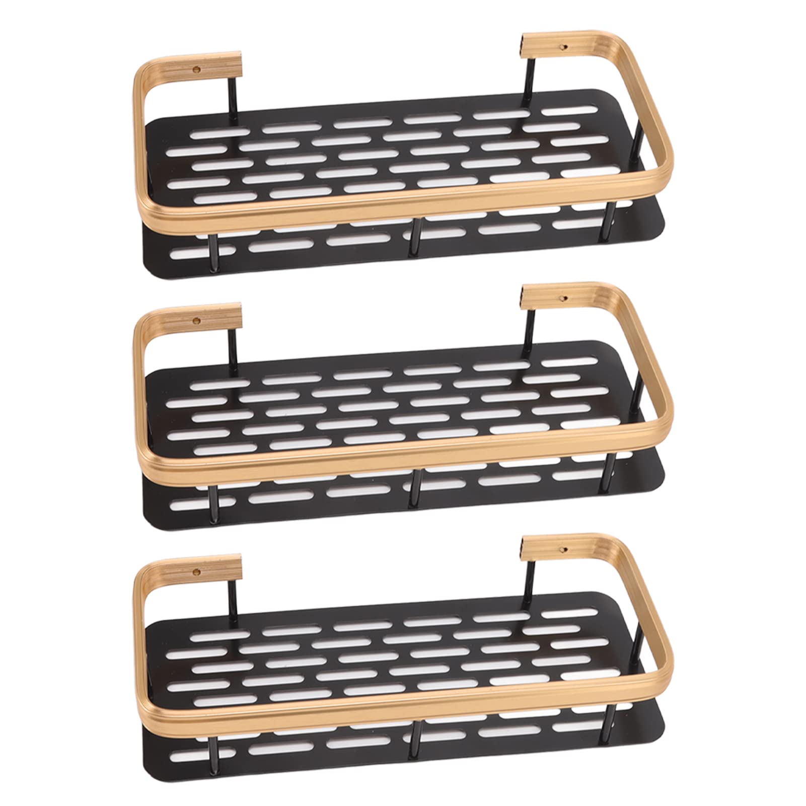 Estante de almacenamiento de ducha de 3 capas rectangular de aluminio sin perforaciones, cesta organizadora de ducha con calcomanías para el hogar, hotel, baño, cocina (negro dorado)