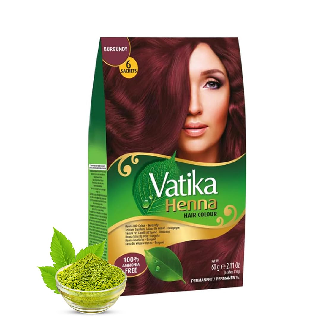 Henna Burgundy Hair Colours - 60g (6 x 10g Sachets),100% Ammonia Free, For Vibrant Color, Shine, & Coverage (Packaging May Vary)