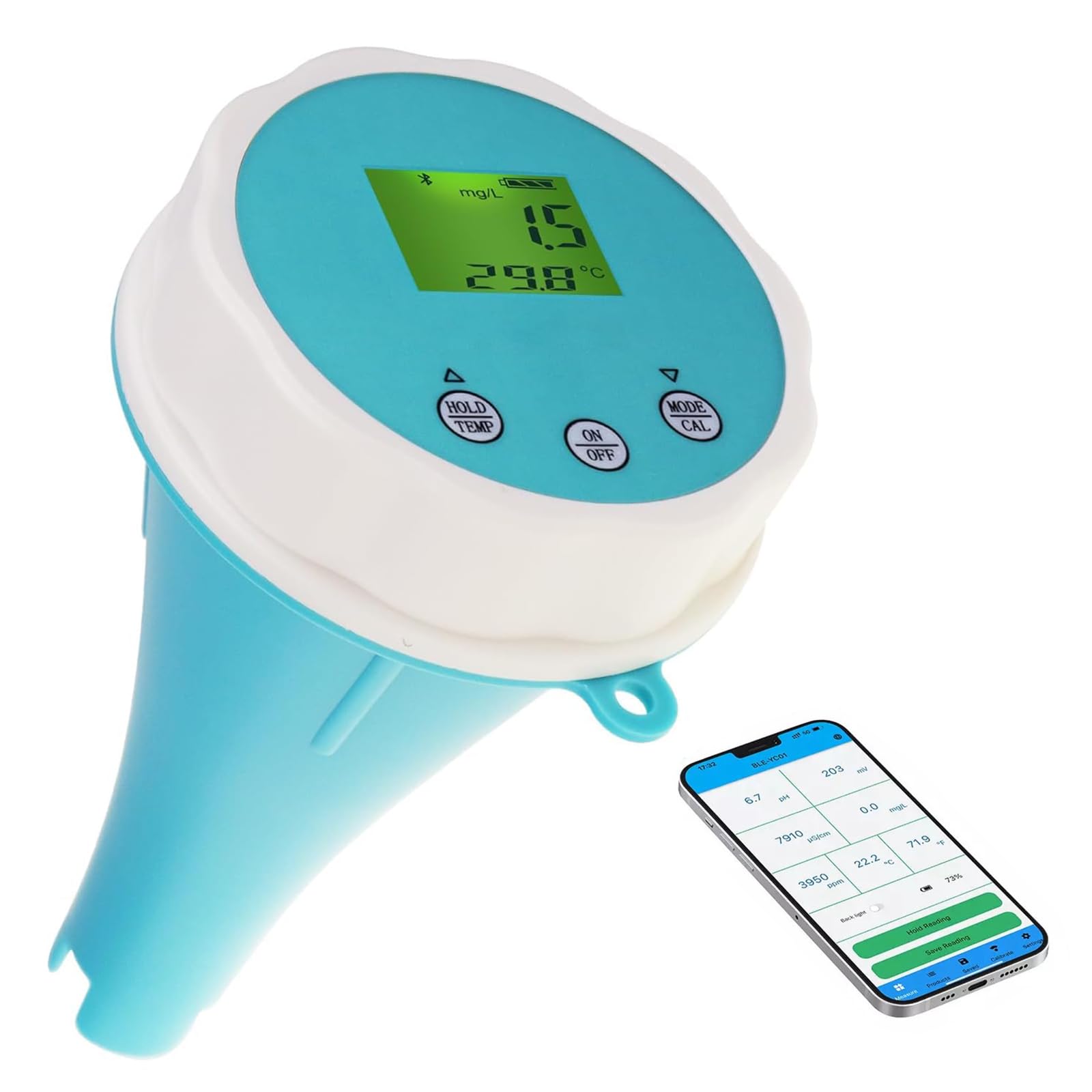Medidor De Agua para Piscinas Bluetooth 6 En 1, Medidor De Cloro Flotante Bluetooth, Medición De Ph, EC, Orp, Cloro, Salinidad Y Temperatura, para Piscinas, Spas E Hidroponía.