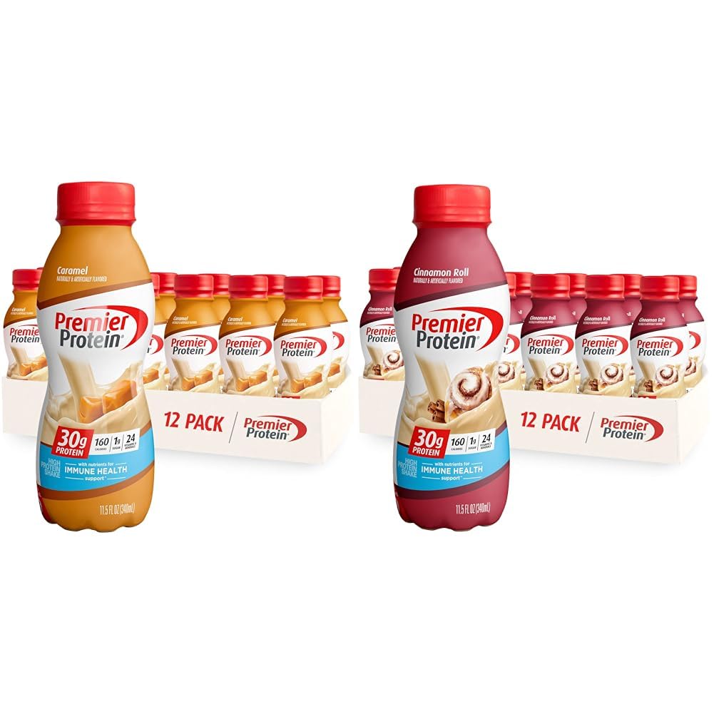 Premier Protein Shake 30g Protein, 1g Sugar, 24 Vitamins & Minerals, Caramel and Cinnamon Roll Flavors, 11.5 oz Bottle, 12 Pack