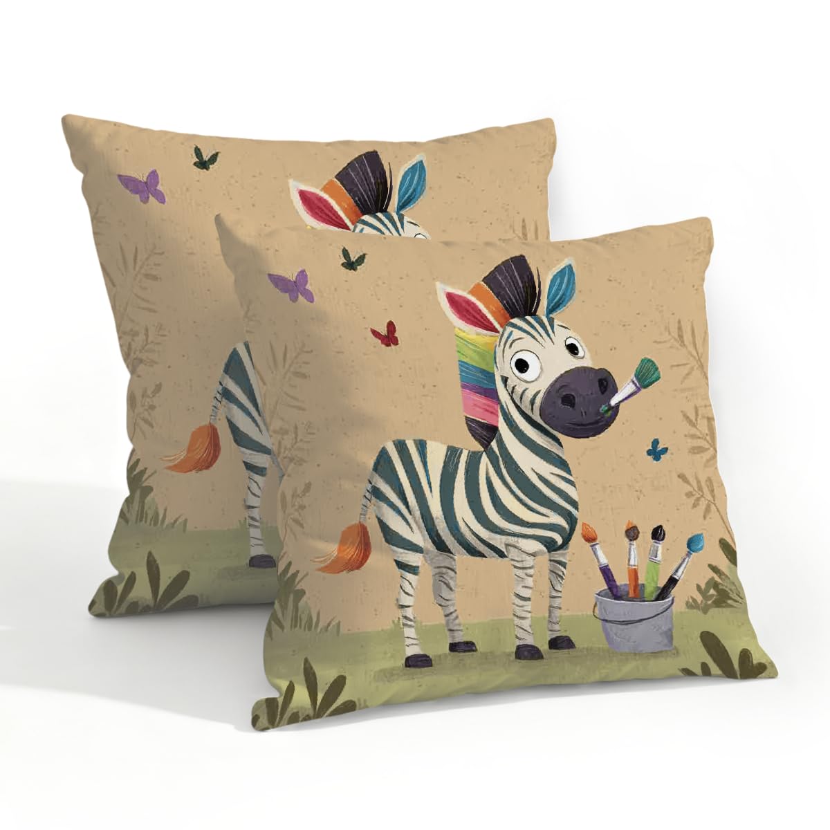 Outdoor Pillow Covers Waterproof Pillowcases 20x20in Set of 2 Cartoon Zebra Painter Decorative Throw Cushion Case for Couch Sofa Garden Patio Furniture