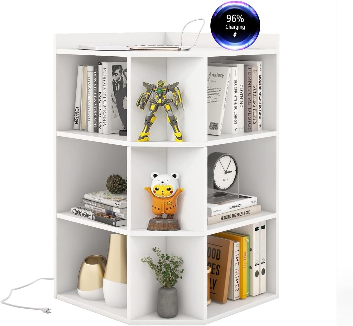 9 Cube Corner Cabinet with Charging Station, Wooden Cubby Kids Bookshelf with 2 USB Ports & 4 Outlets, 3-Tier Toy Storage Organizer for Small Spaces, Playroom, Living Room, Bedroom (White)