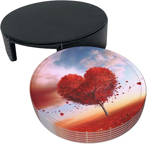 Miniatura 9 de Juego de 6 posavasos de cuero con forma de árbol de corazón, protección contra derrames para mesa, bonitos posavasos para tazas, resistentes al