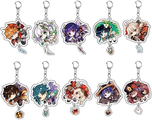 Genshin Impact - Juego de 10 llaveros acrílicos Genshin Anime Cartoon Game Figure Llavero con colgante, Con color