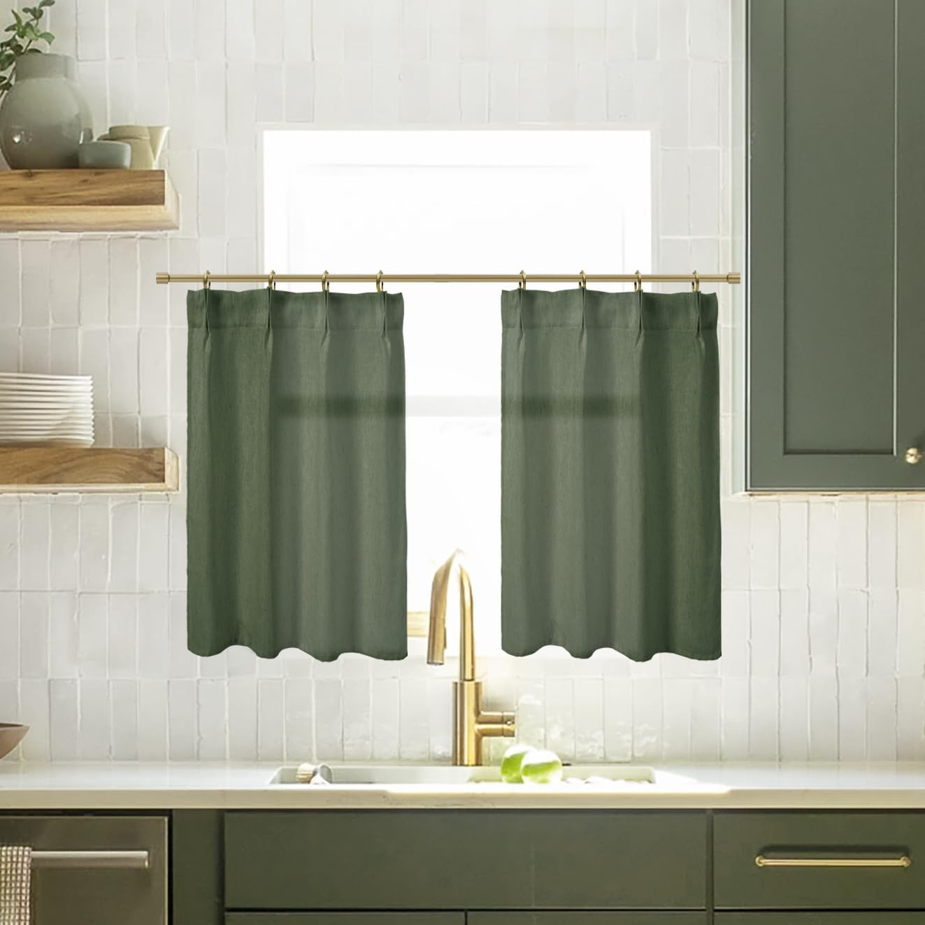 Bathroom Window Curtain,Short Cute Boho Olive Green Sheer Privacy Linen Small Moody Curtains for Shower Window
