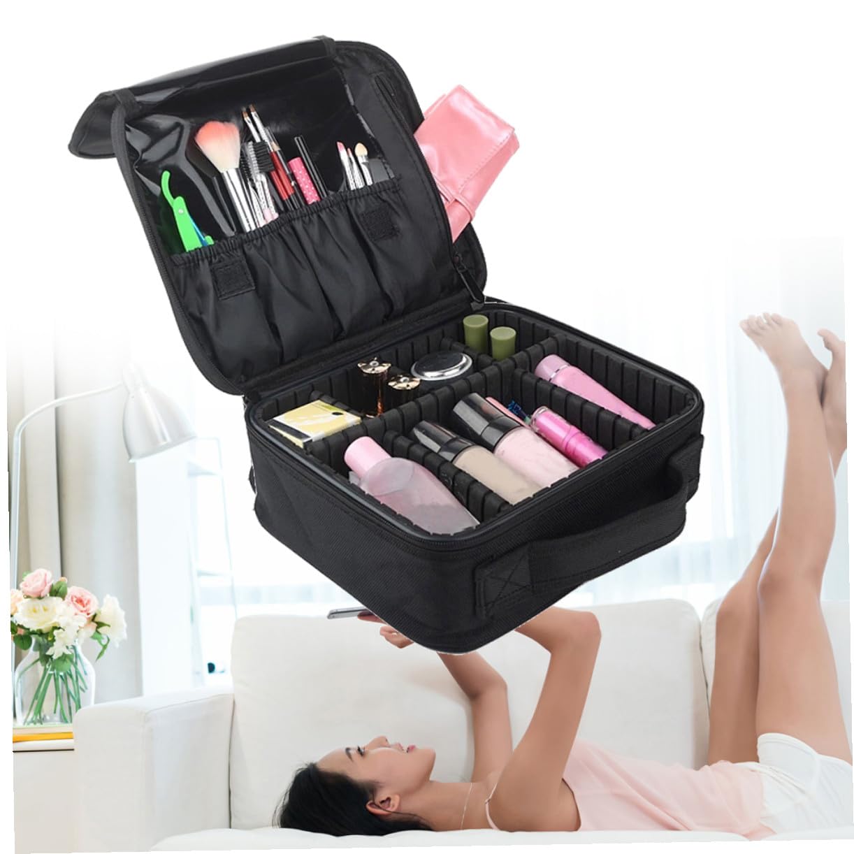 Ipetboom Borsa Organizer Per Con Divisori Regolabili Borsa Da Viaggio Portatile Per Cosmetici e Antiusura Tasche Per Pennelli Con Adatta Per Accessori Cosmetici e Da Toeletta