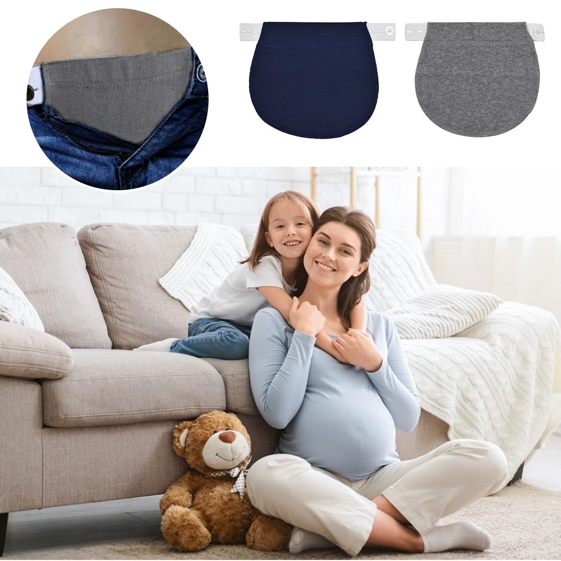 Set 4 Allarga Pantaloni Premaman | Estensori Cintura Regolabili | Nero, Blu, Azzurro, Blu Scuro | Per Gravidanza E Comfort - Foto 8