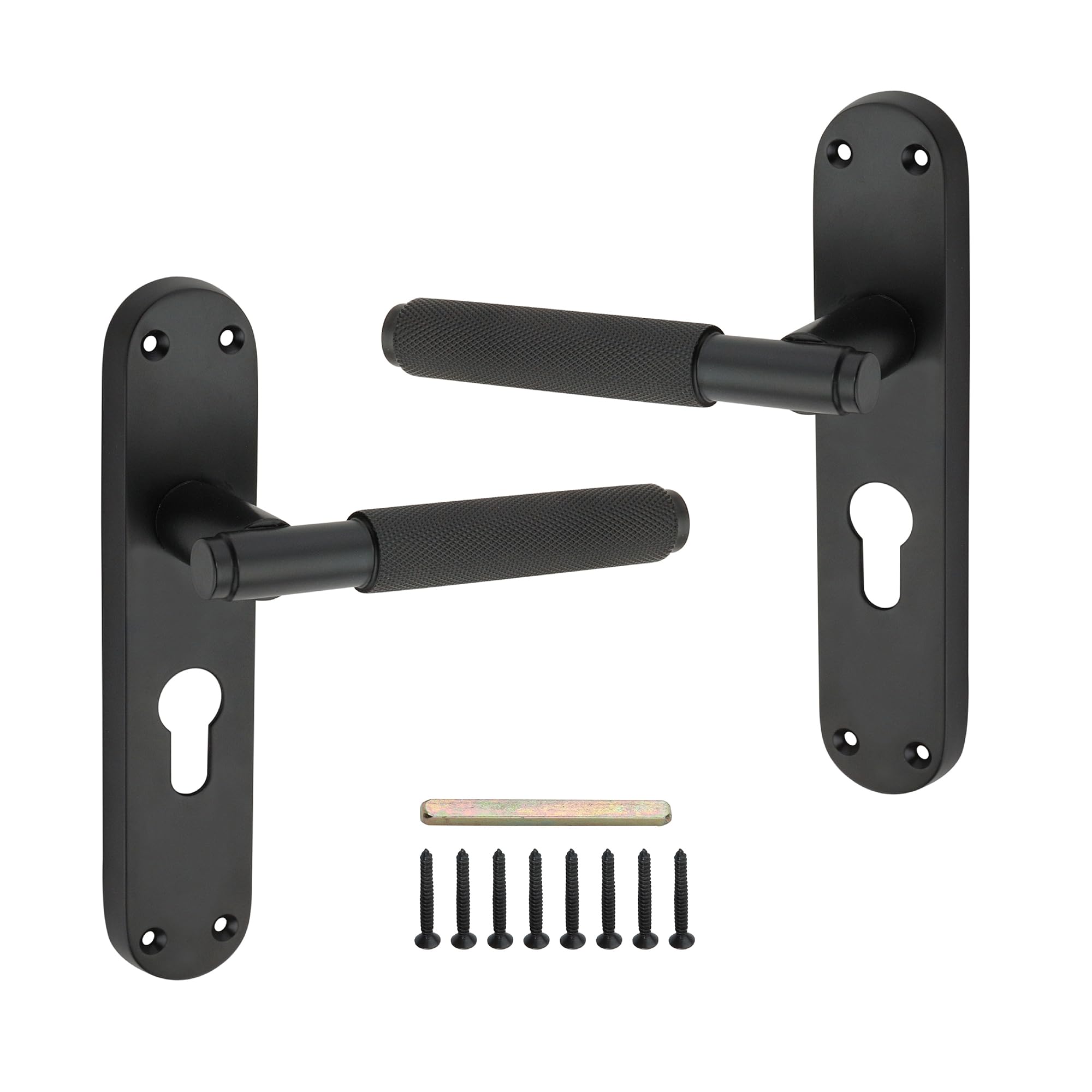 Infinity Decor Para nowoczesnych radełkowanych klamek na tylnej płycie Euro Lock Zestaw klamek do drzwi wewnętrznych i zewnętrznych (matowa czerń)
