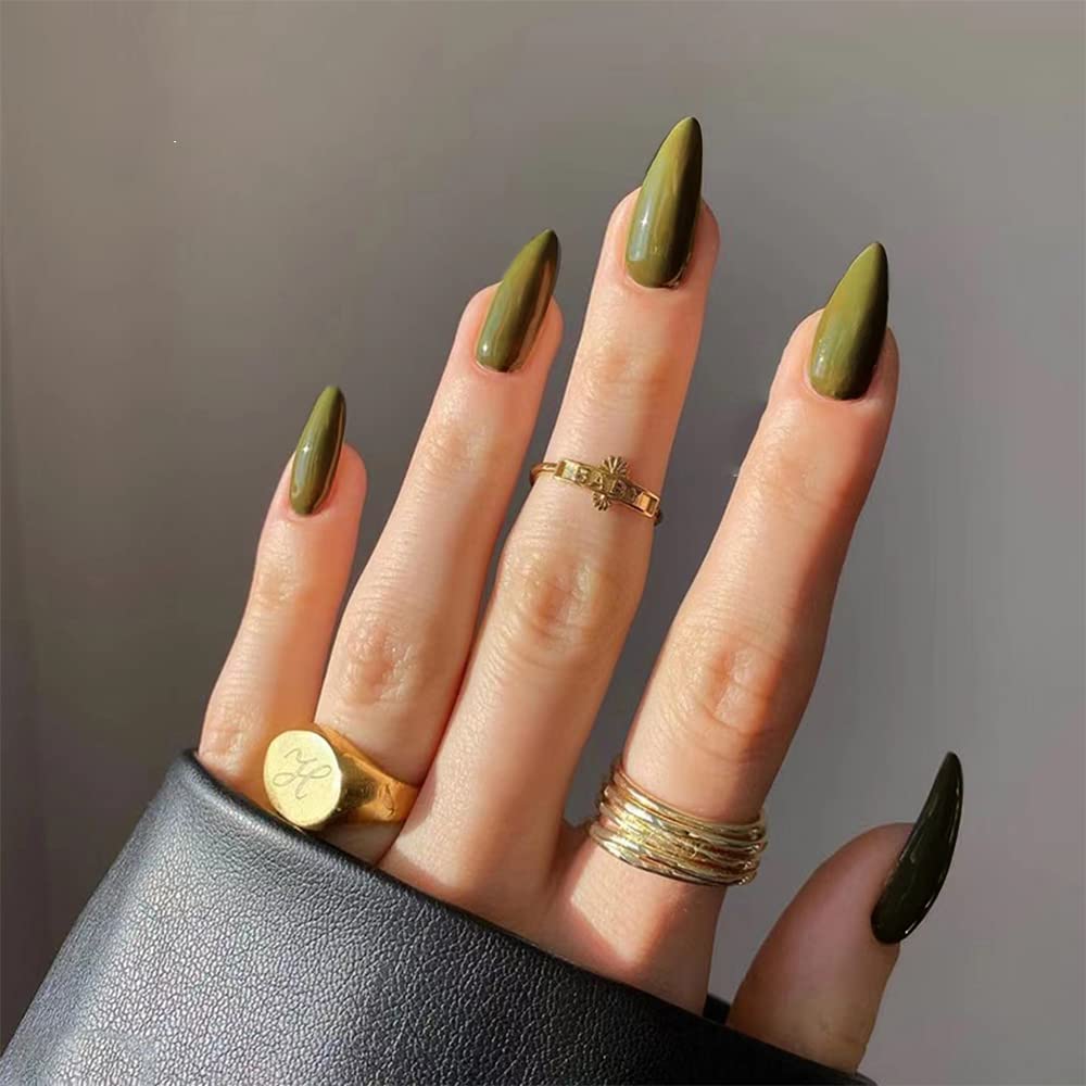 KQueenest Soft Gel Press on Nails Almond Medium, Olive Green False Nails Almond - Image 2