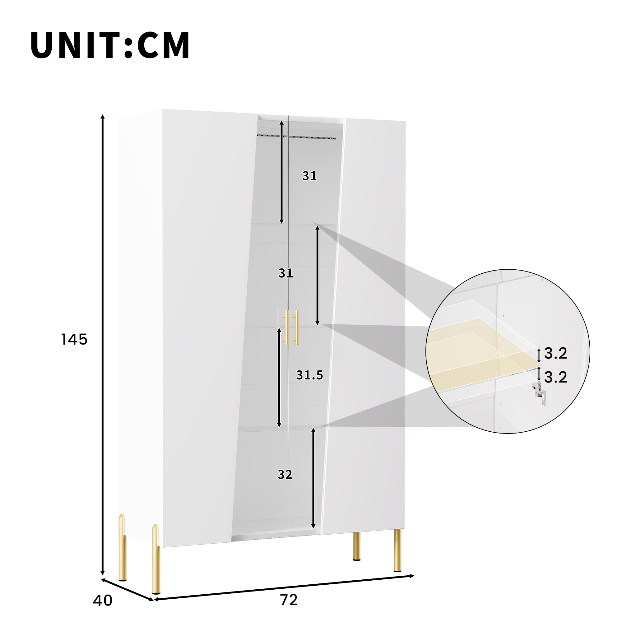TIZZ Armadio in vetro 72 x 40 x 145 cm, con porta asimmetrica in vetro temperato, 3 ripiani in vetro, maniglia in metallo e piedini in metallo, come vetrina, per sala da pranzo, libreria, colore