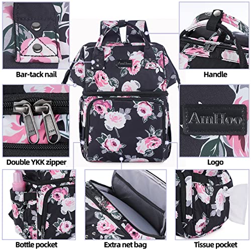 Image of AmHoo Insulated Lunch Box Cooler Backpack Waterproof Leak-Proof Lunch Bag Tote for Men Women Hiking Beach Picnic Trip with Strongest YKK Zipper Rose Flower Pattern