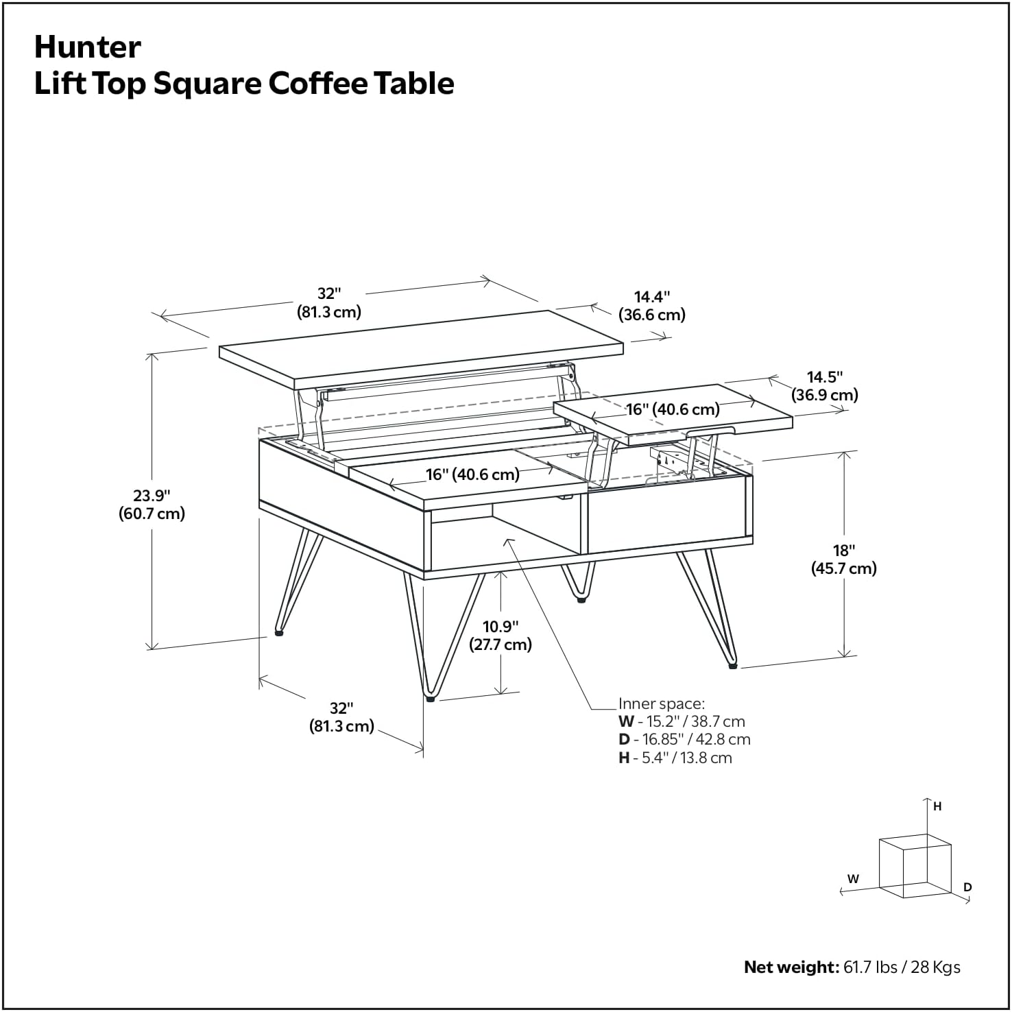 SIMPLIHOME Hunter Lift Top Coffee Table - 32 inch Wide Oak Veneer and Metal Industrial Square Lift Top Cocktail Table in Oak, Living Room Table with Dual Lift Tops, Hidden Storage and Hairpin Legs