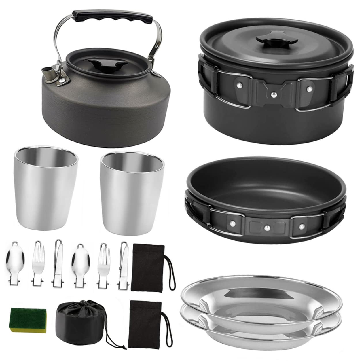 YARNOW Juego de Utensilios de Cocina Set de Ollas y Tetera para Acampar Portátil Aleación de Aluminio Ligera Color Negro para 2-3 Personas Adecuado para Camping y Actividades al Aire
