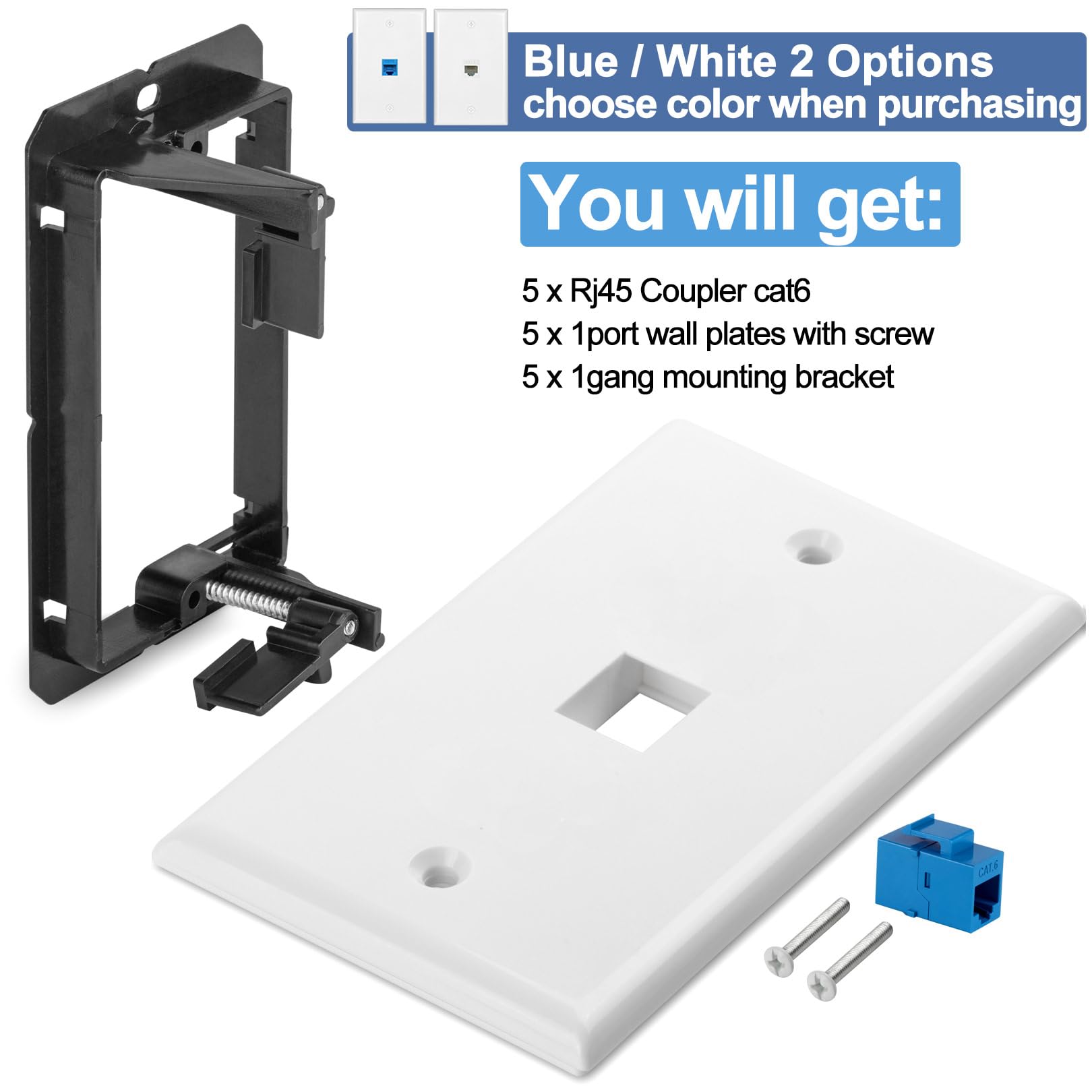 Lot de 5 prises murales Ethernet Cat6 RJ45 Keystone Jack cadeaux réseau bleu 1 port 2 coupleur en ligne couvercle de boîte avec support de montage basse tension panneaux d'interconnexion Internet