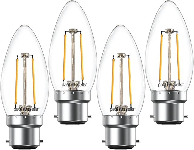 paul russells B22D Bayonet Cap LED Filament - Pack of 4  2.5W 25W Equivalent 250LM Lumens 2700K BC Candle C35 Bulb  Bright Energy Saving Light Non-Dimmable  Warm White Bulbs