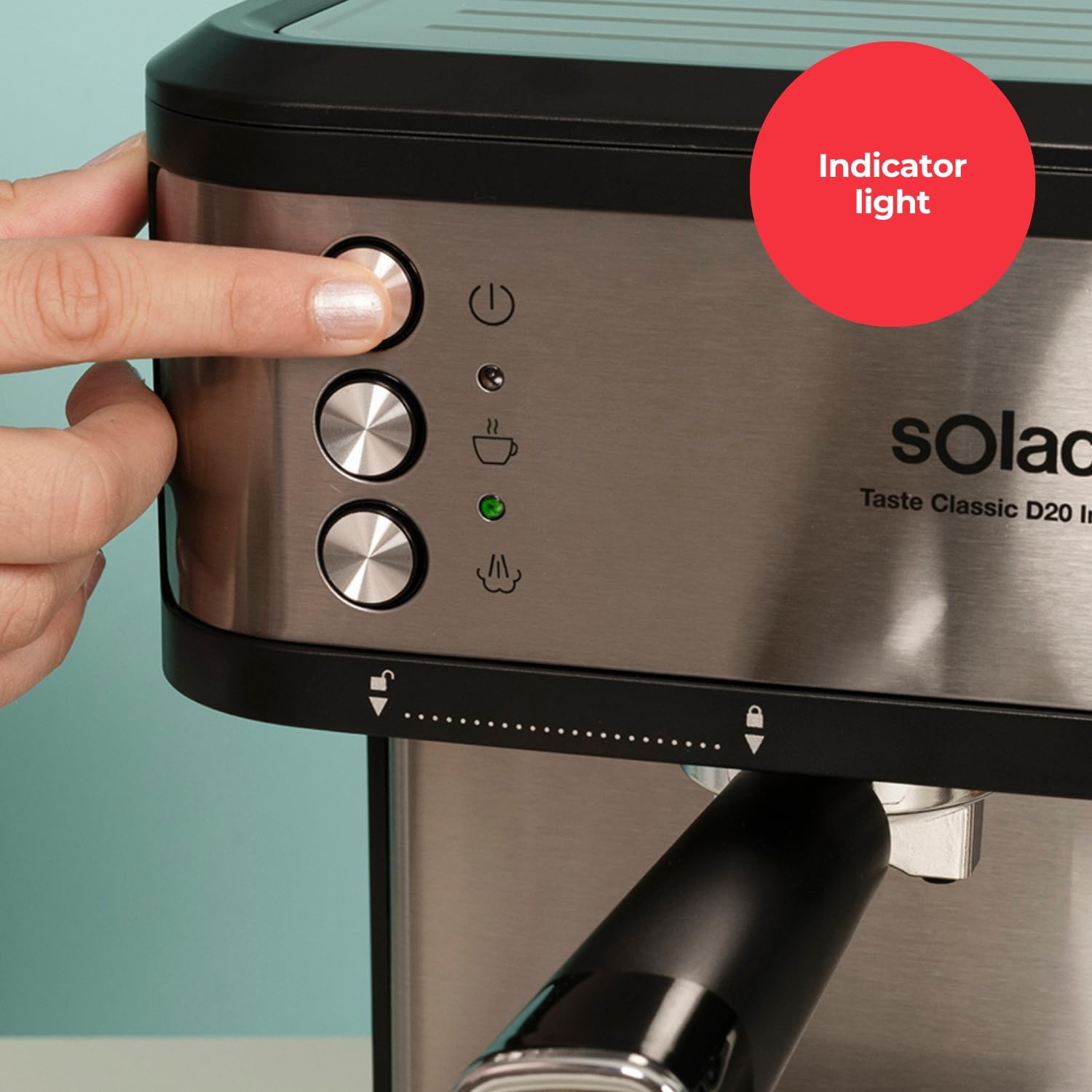 Solac – Cafetera Espresso Taste Classic D20 Inox | 850W | Presión 20 bares | Depósito 1,8L | Brazo 1 y 2 salidas | Vaporizador | Superficie Calienta tazas | Apagado automático